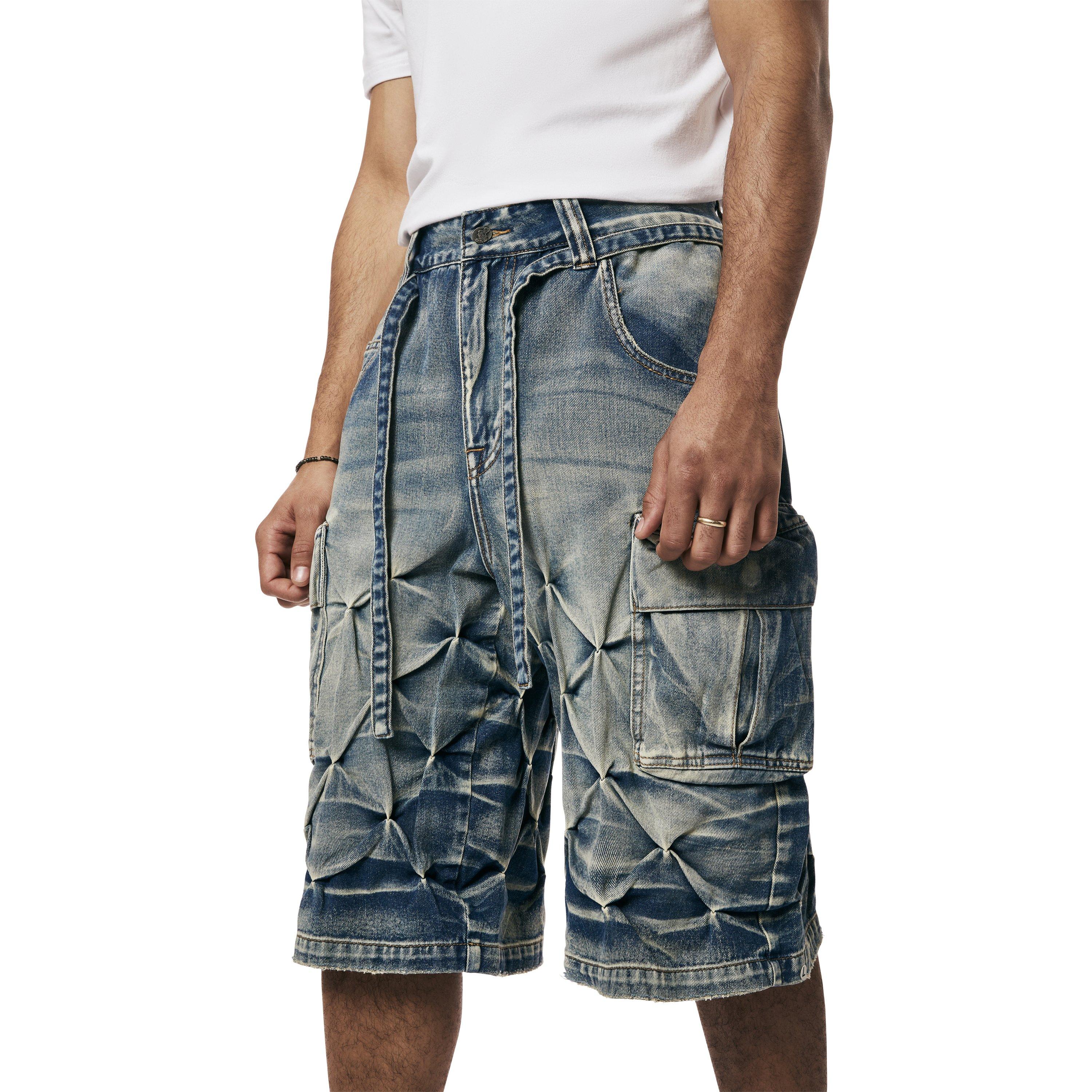 Grindhouse Men's Diamond Pinch Cargo Denim Shorts - Blue - BLUE